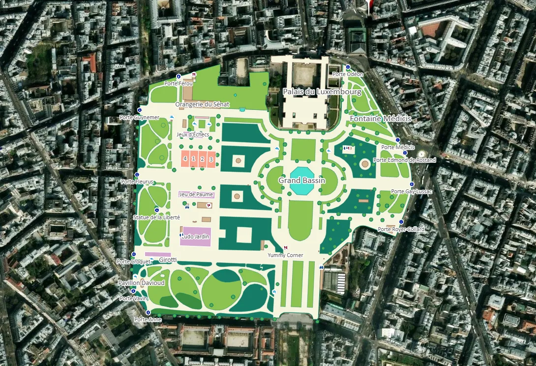 Jardin du Luxembourg map in 2D over the surrounding streets