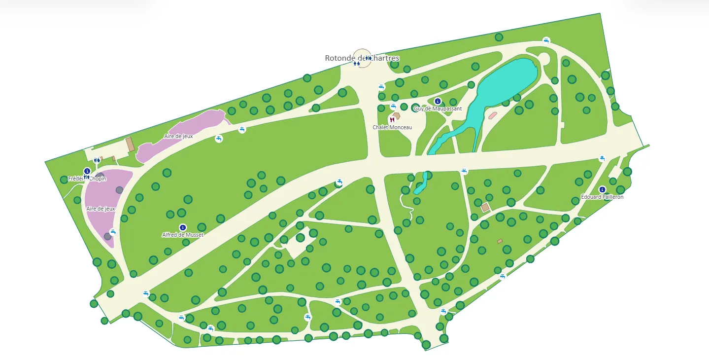 Parc Monceau 2D map with paths and the lake