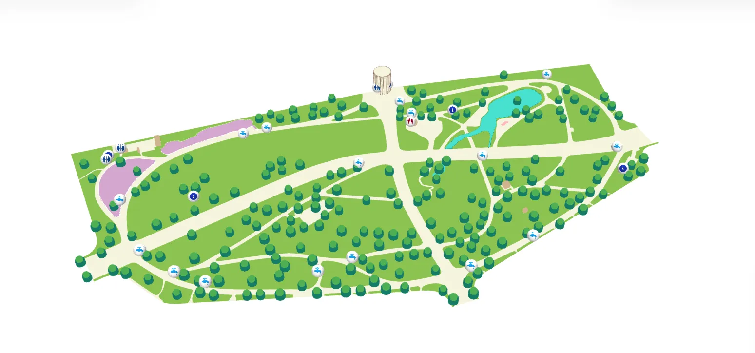 Parc Monceau 3D map with trees, lake and Rotonde de Chartres
