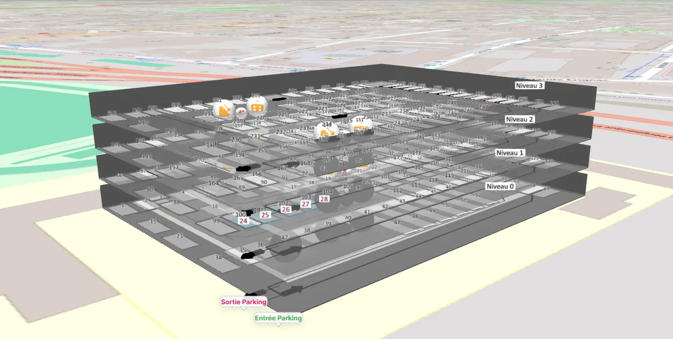3D view of a multi-level parking garage with spaces and facilities on each floor