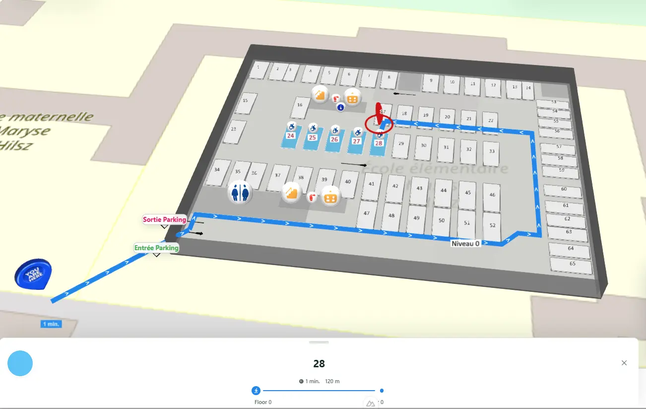 Parking garage map showing a route across numbered spaces