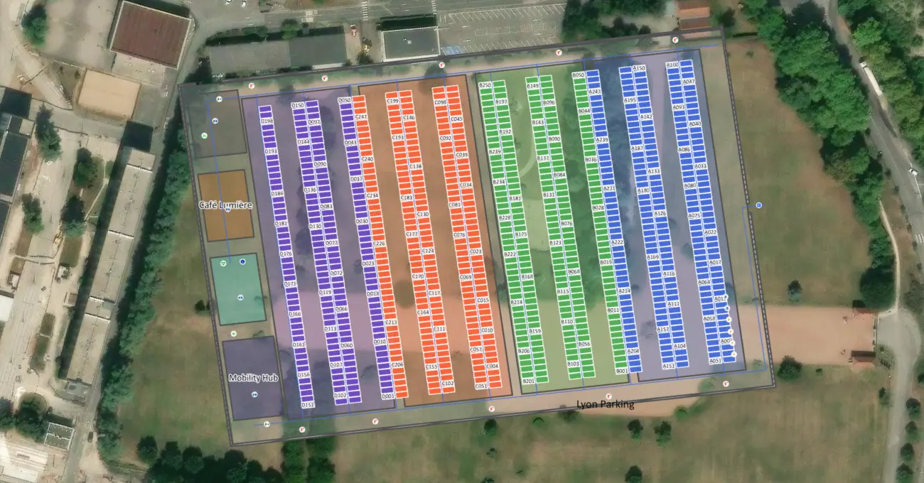 2D outdoor parking map with color-coded rows of spaces