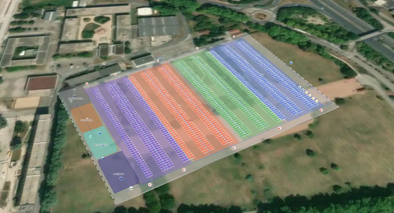3D outdoor parking map with color-coded rows of spaces over aerial imagery