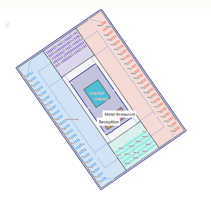 3D hotel parking map with colored parking zones and a central courtyard