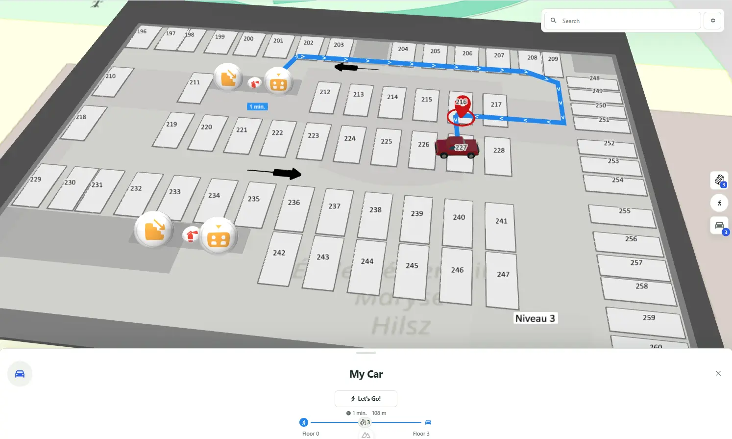 3D parking garage map with numbered spaces, facilities and a route to a saved car